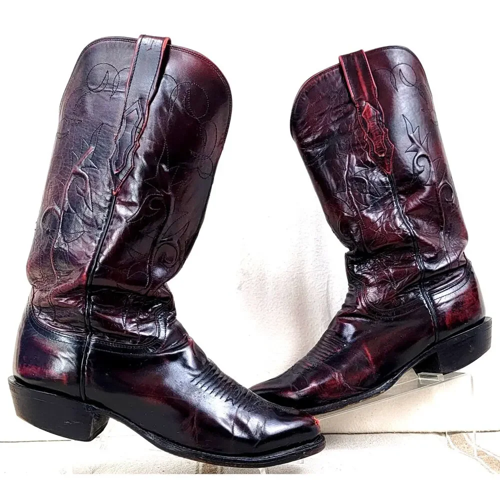 Vintage Lucchese Roper Cowboy Boots Dark Cherry USA Leather Men’s 7.5E Western